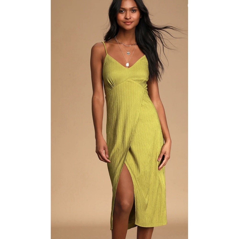 Lulu Chartreuse Green Faux Wrap Midi Dress Tie Back Size Medium D14100 - Picture 5 of 16